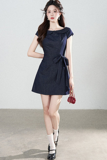 Blue Denim Doll Collar Pleated A-Line Dress