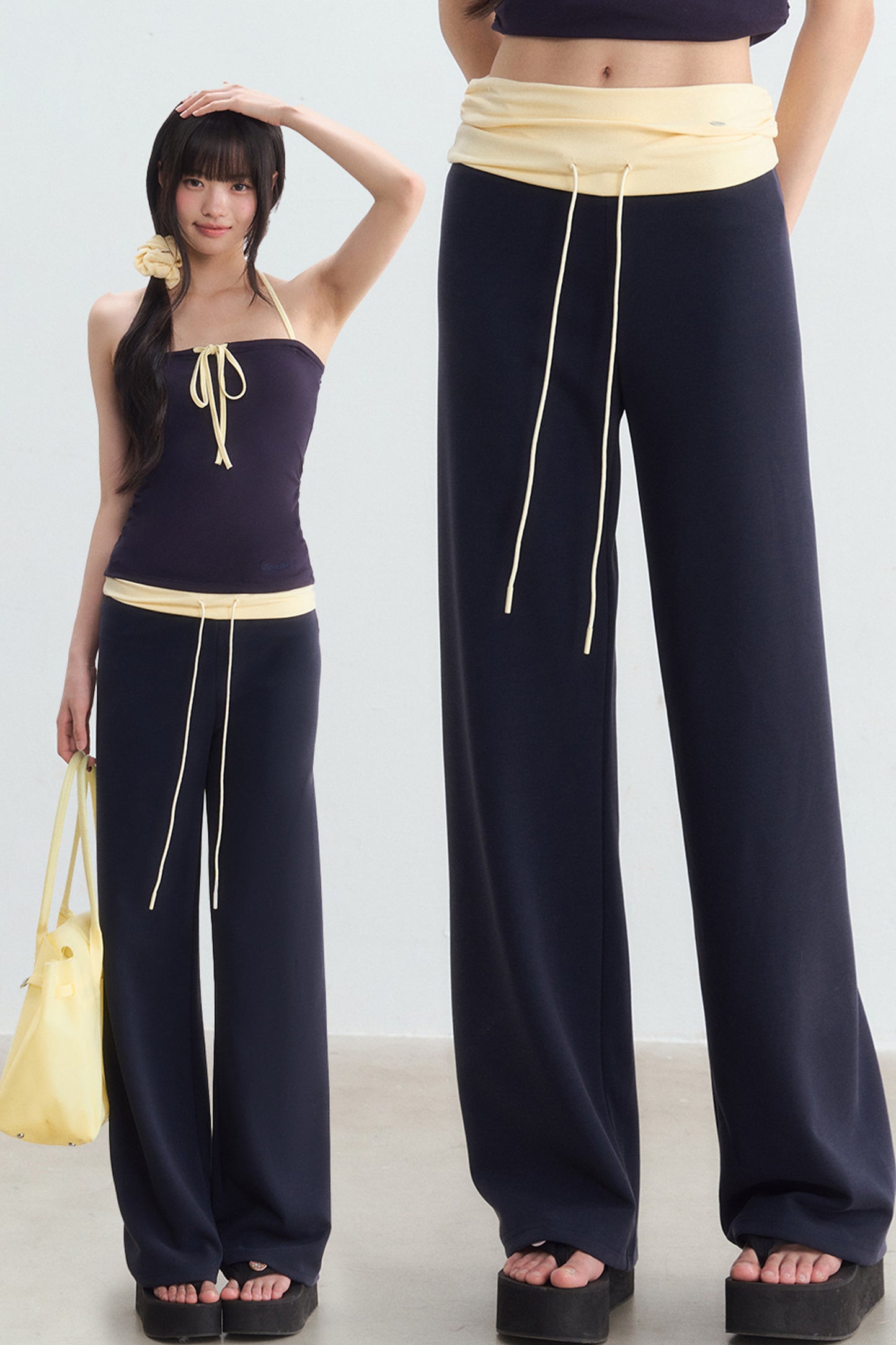 Color-Blocked Waistband Drawstring Wide-Leg Pants