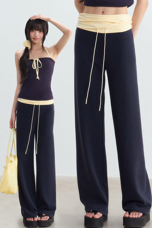Color-Blocked Waistband Drawstring Wide-Leg Pants