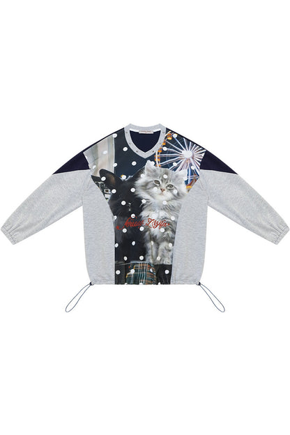 Sweatshirt à col V avec empiècements, imprimé chat et pois