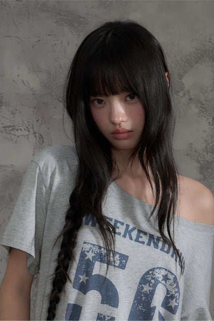 Slanted Shoulder Off-Shoulder T-Shirt Top and Pants Set-Up