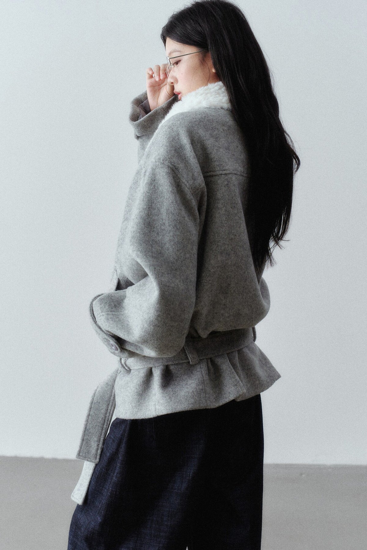 Plush Lapel Woolen Tie-Up Jacket
