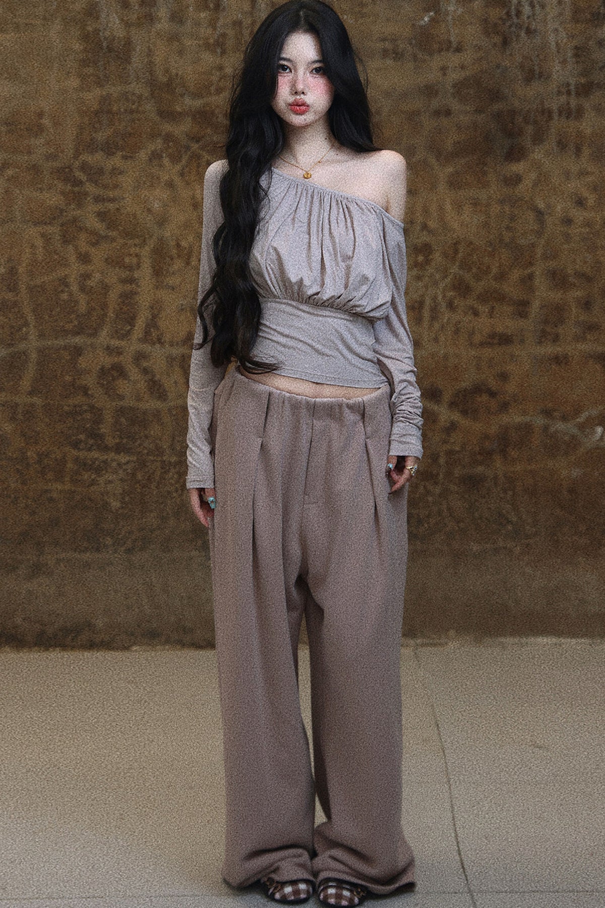 Light Gray Pink Drawstring Waist T-Shirt