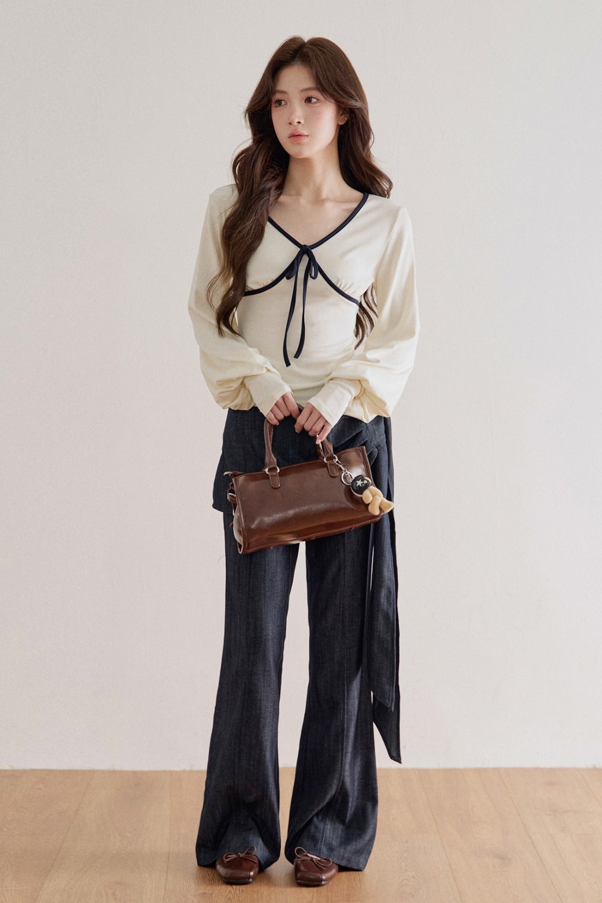 Lyocell V-Neck Tie Long-Sleeve T-Shirt