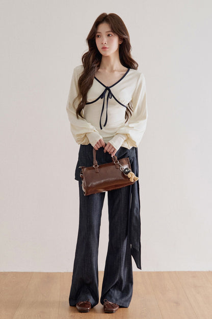Lyocell V-Neck Tie Long-Sleeve T-Shirt