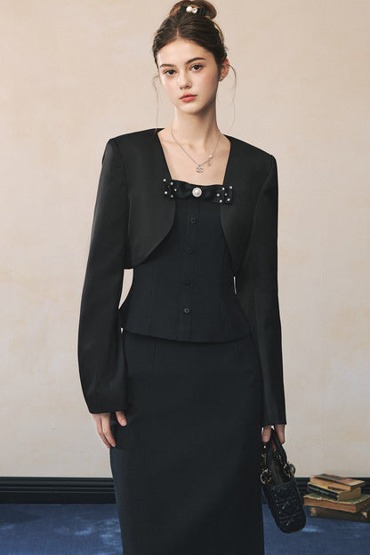 Elegant Black Suit with Waistcoat Blazer Set-Up