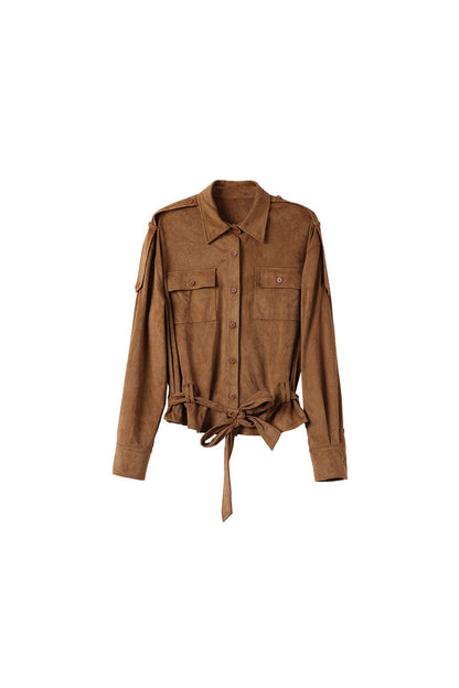 Vintage Lapel Waist-Tie Pleated Hem Work Shirt