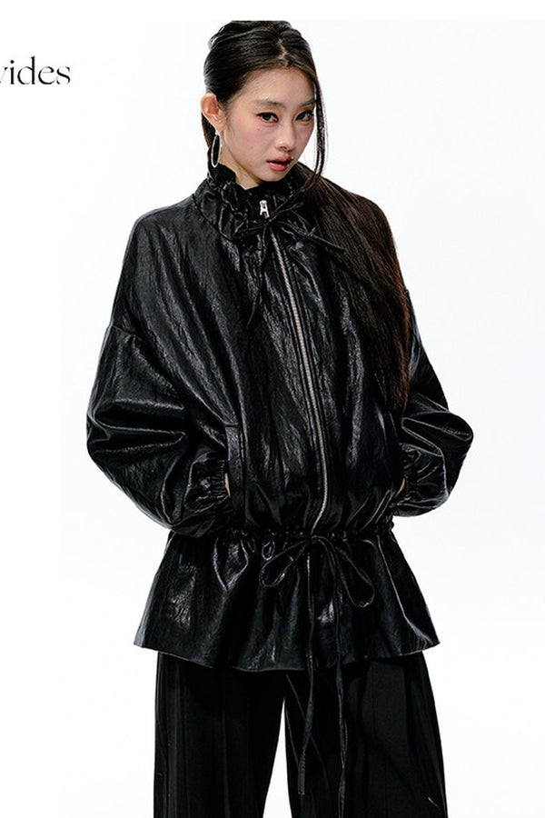 Textured Silhouette Drawstring Tie Waist Jacket