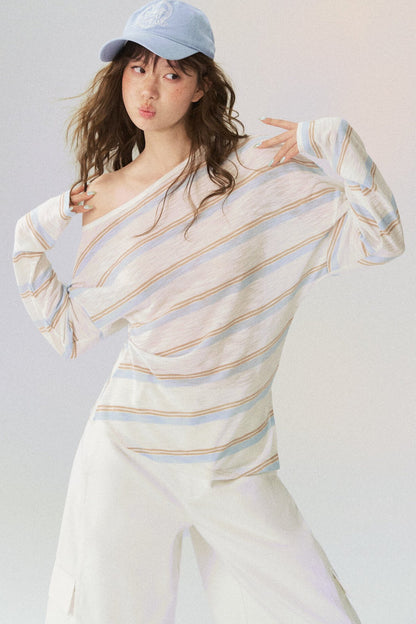 Off-Shoulder Striped Long-Sleeve Blouse