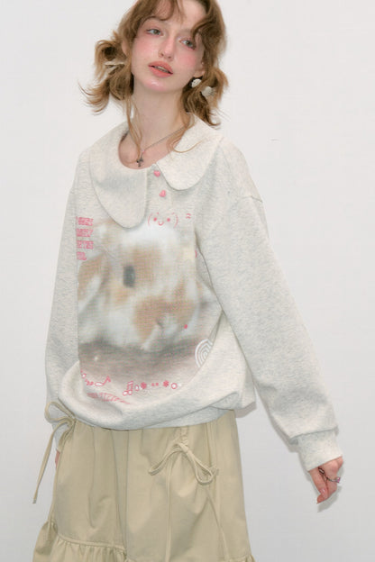 Polka Dot Rabbit Print Doll Collar Sweatshirt