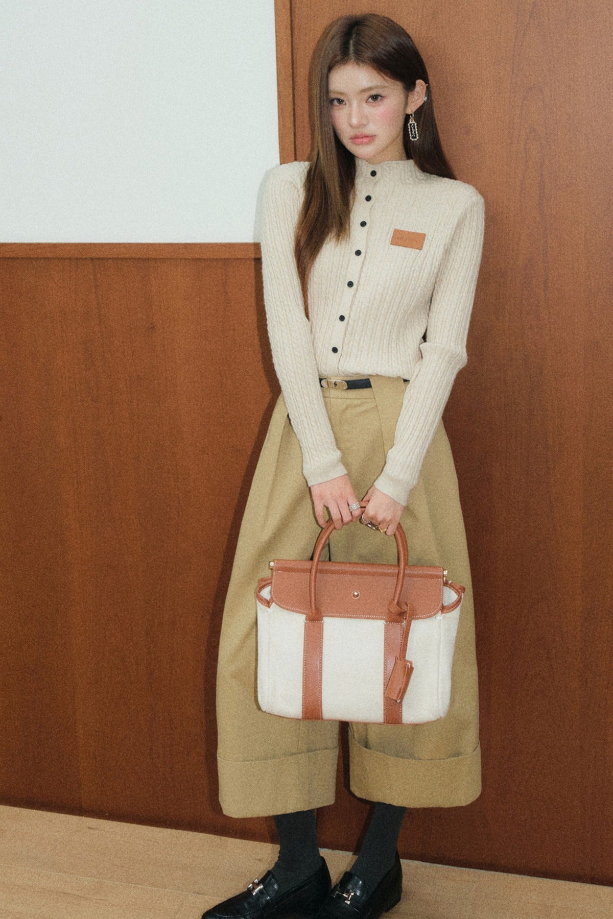 Olivia Duo Half Turtleneck Cable Knit Top and Khaki Pants Set-Up