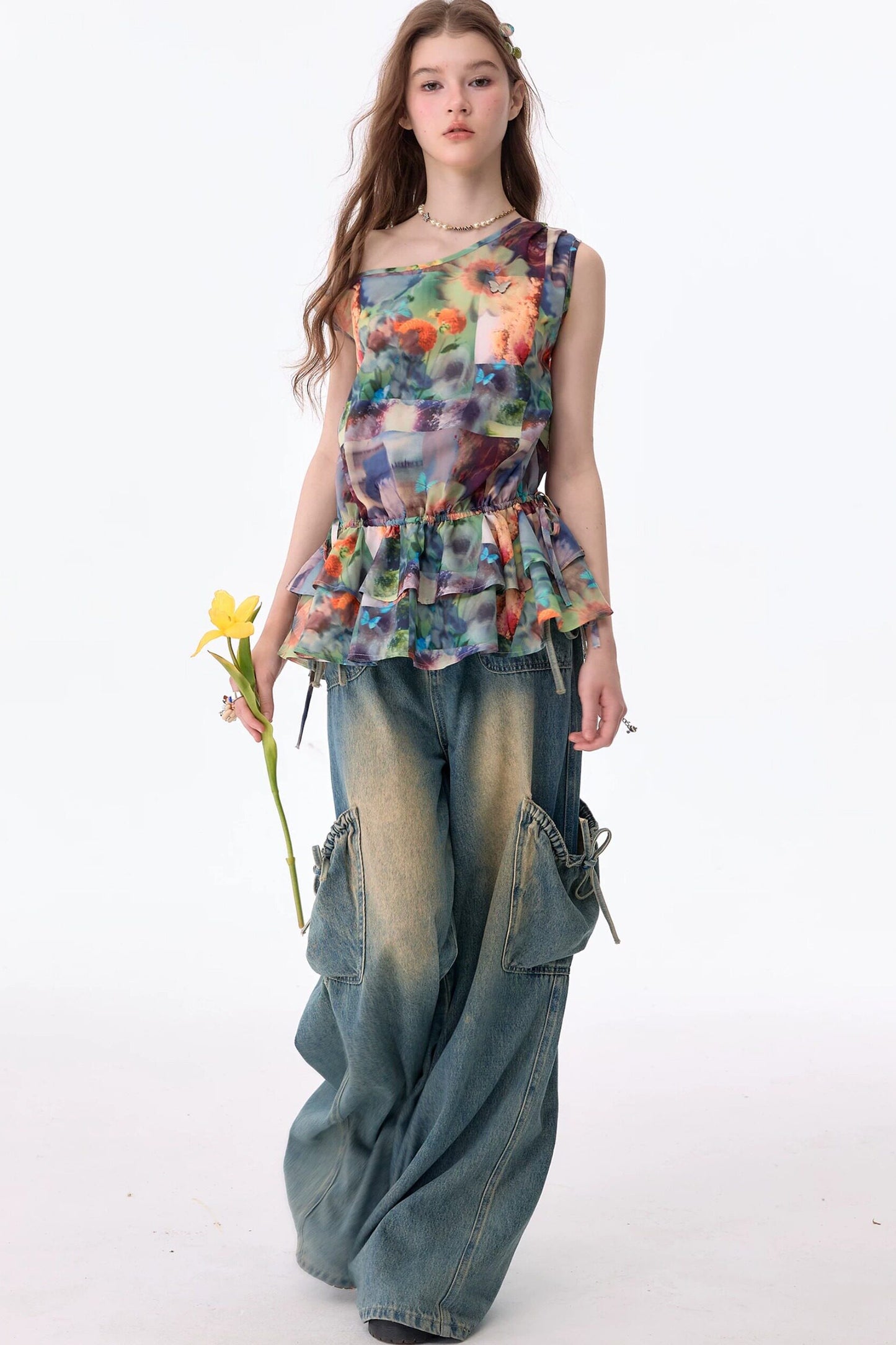 Sunflower Print Ruffle Hem Off-Shoulder Top