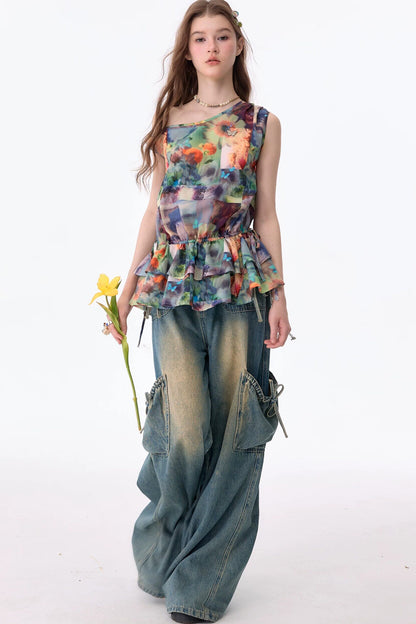 Sunflower Print Ruffle Hem Off-Shoulder Top