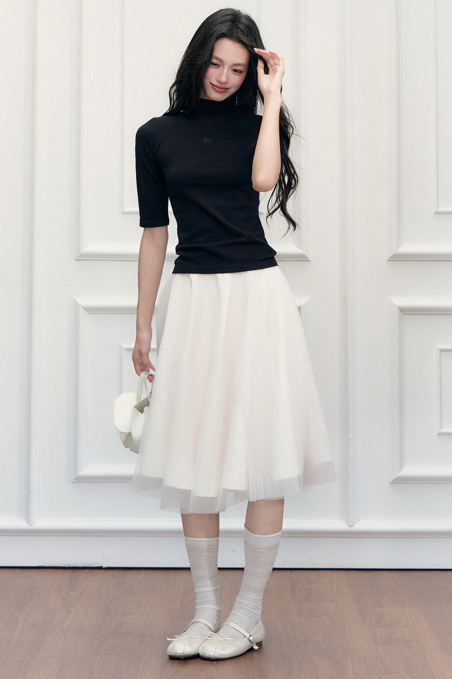 High-Waisted Puffy A-Line Mesh Skirt