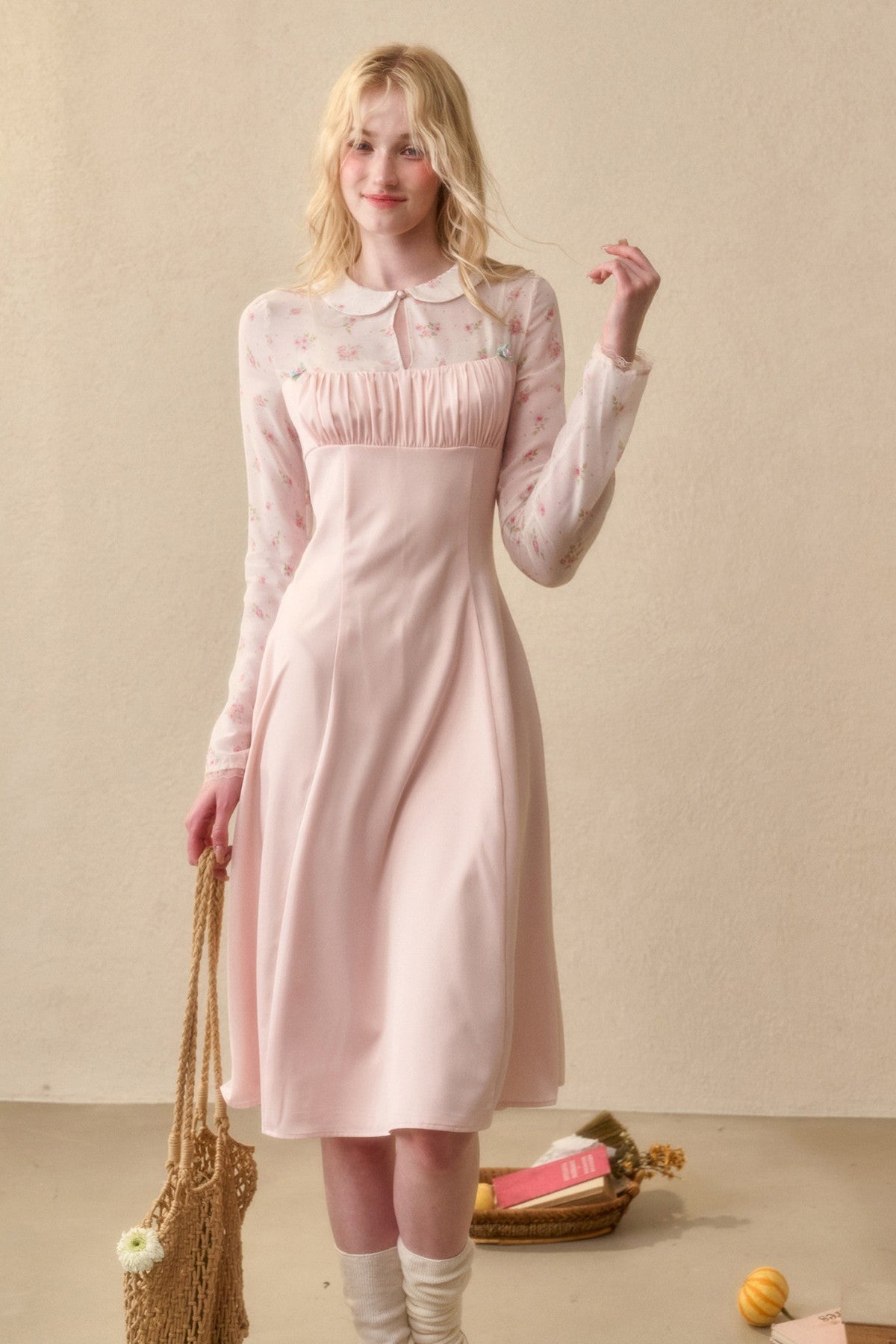 Peach Floral Satin Tencel Dress With Skirt Set-Up