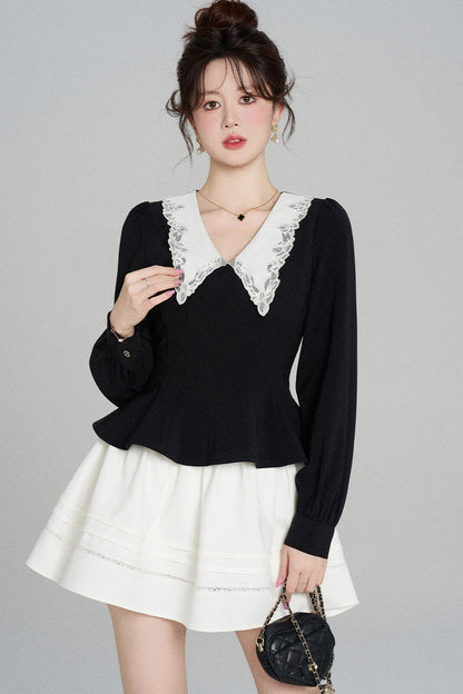 Peplum Waist Lace Collar Shirt
