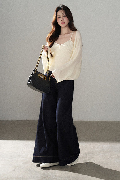 V-Neck Knitted Cardigan and Camisole Set-Up
