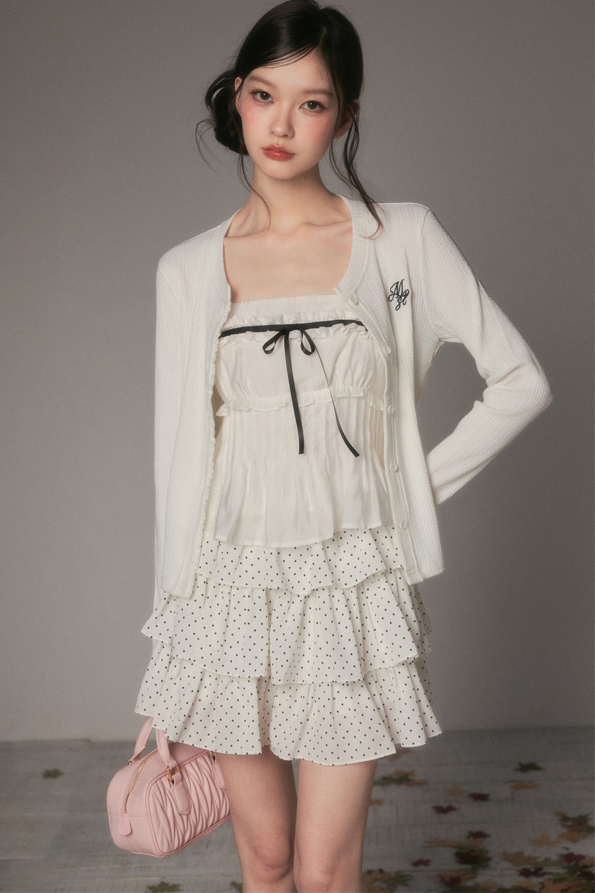 Embroidered White Knit Cardigan Set-Up