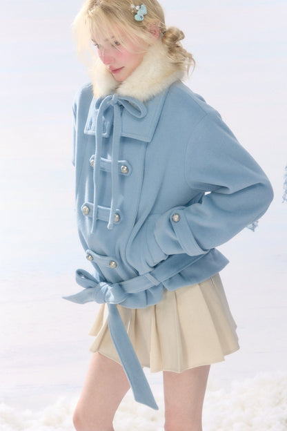 Light Blue Plush Stand Collar Coat