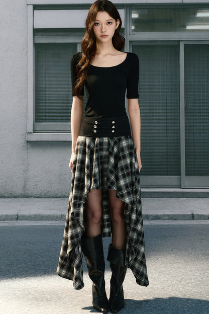 Irregular Hem Long Plaid Skirt