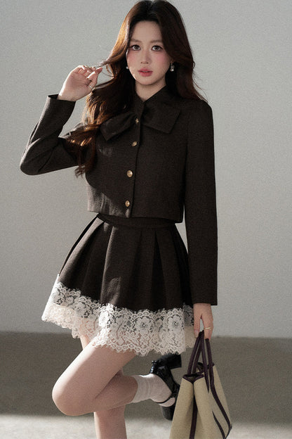 Coffee Lace Splicing Jacket and Skirt Set-Up