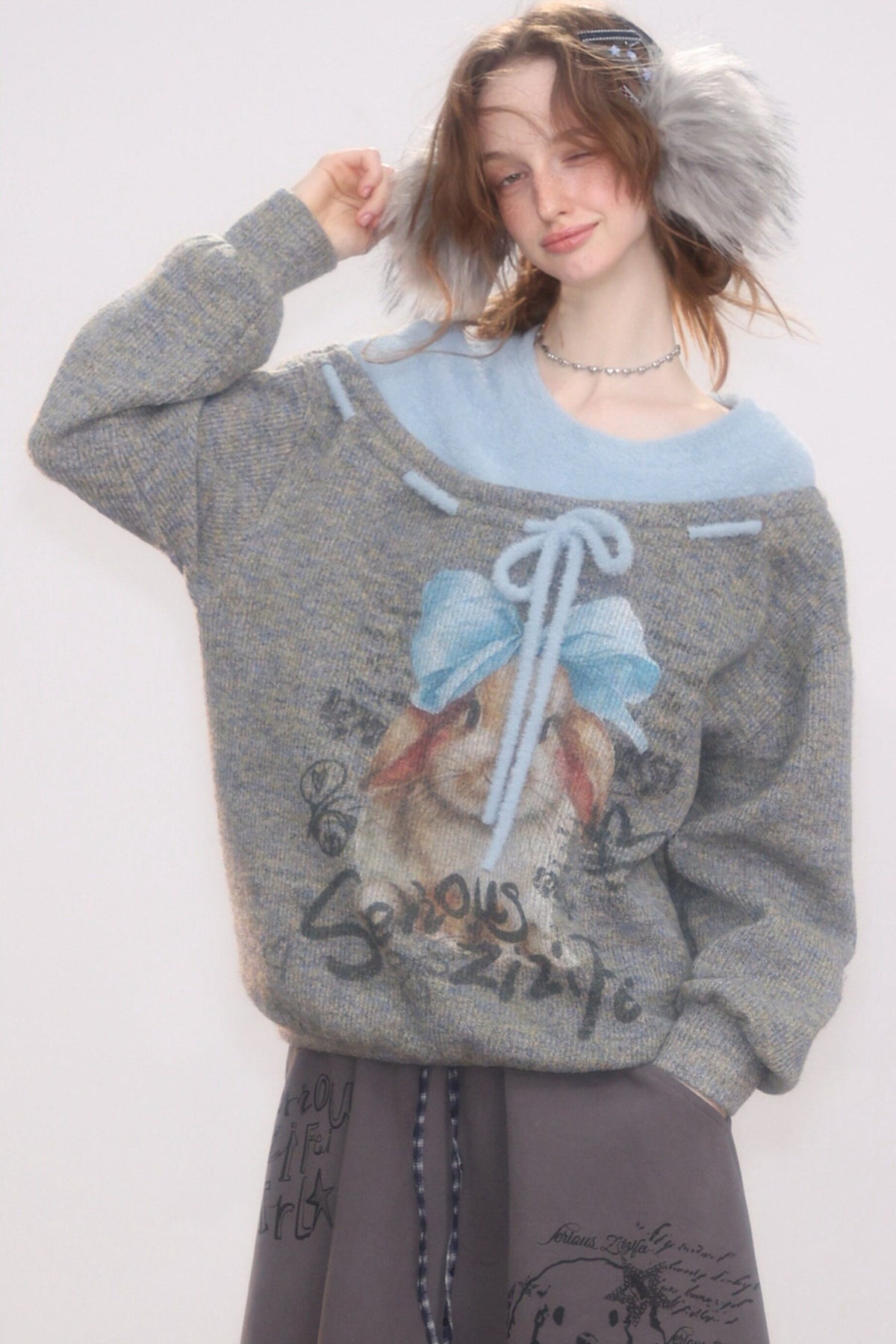 Rabbit Print Bow Knit Sweater