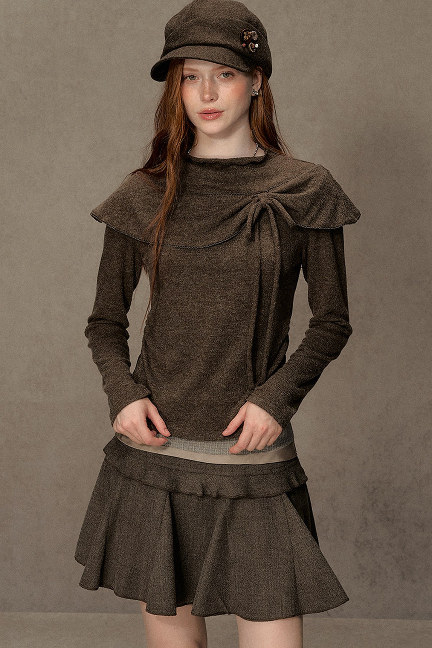 Bowknot Cape Collar Long Sleeve Top