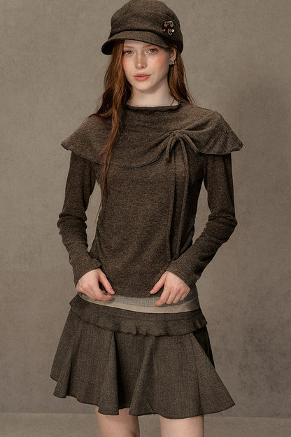 Bowknot Cape Collar Long Sleeve Top