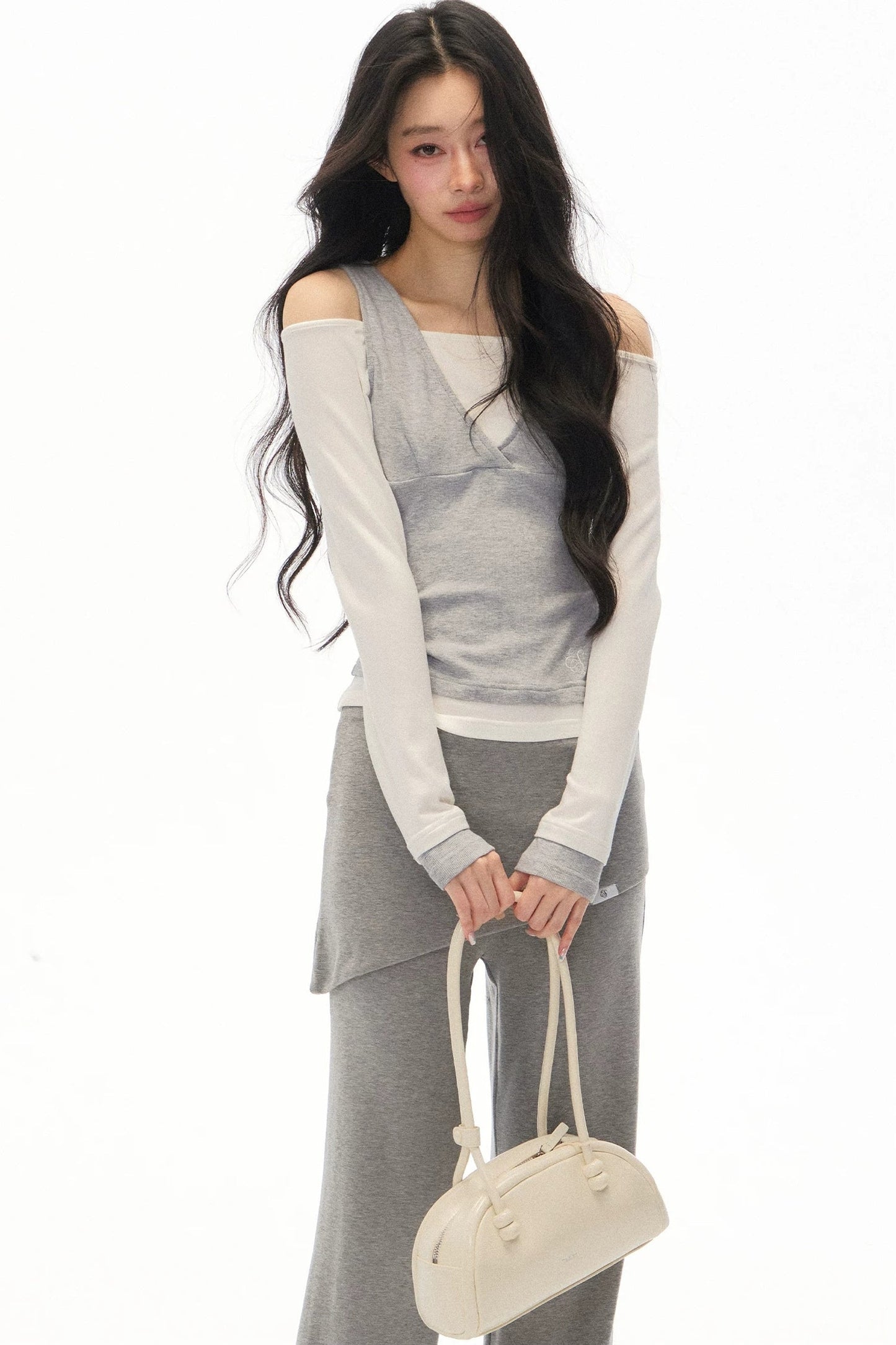 One-Shoulder V-Neck Long-Sleeve T-Shirt and Pants Set-Up