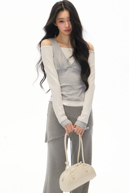 One-Shoulder V-Neck Long-Sleeve T-Shirt and Pants Set-Up
