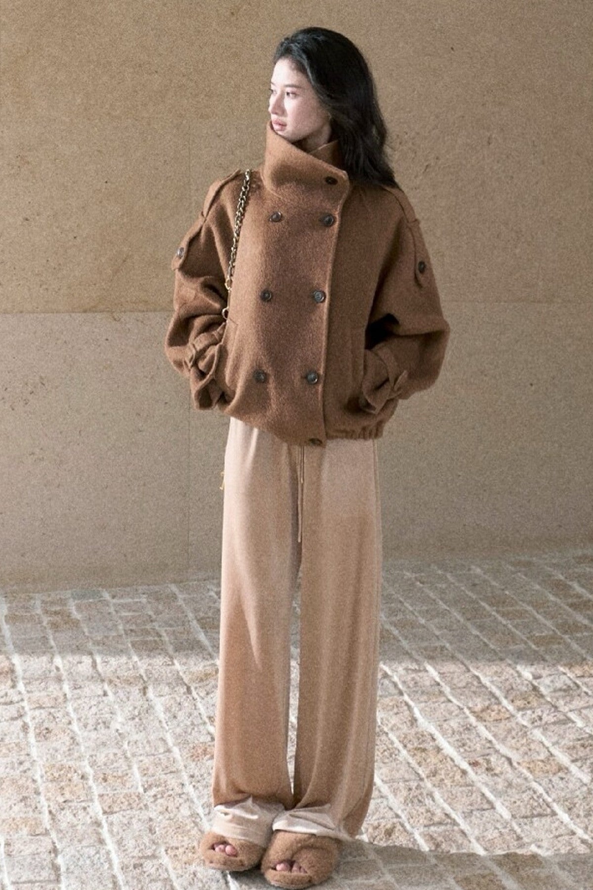 Lace Knit Long-Sleeve Top and Drape Velvet Straight-Leg Pants Set-Up