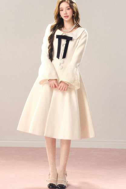 Flared Off-White Mid-Length Coat Dress