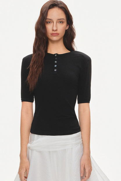 Padded Shoulder Henley Knit Top