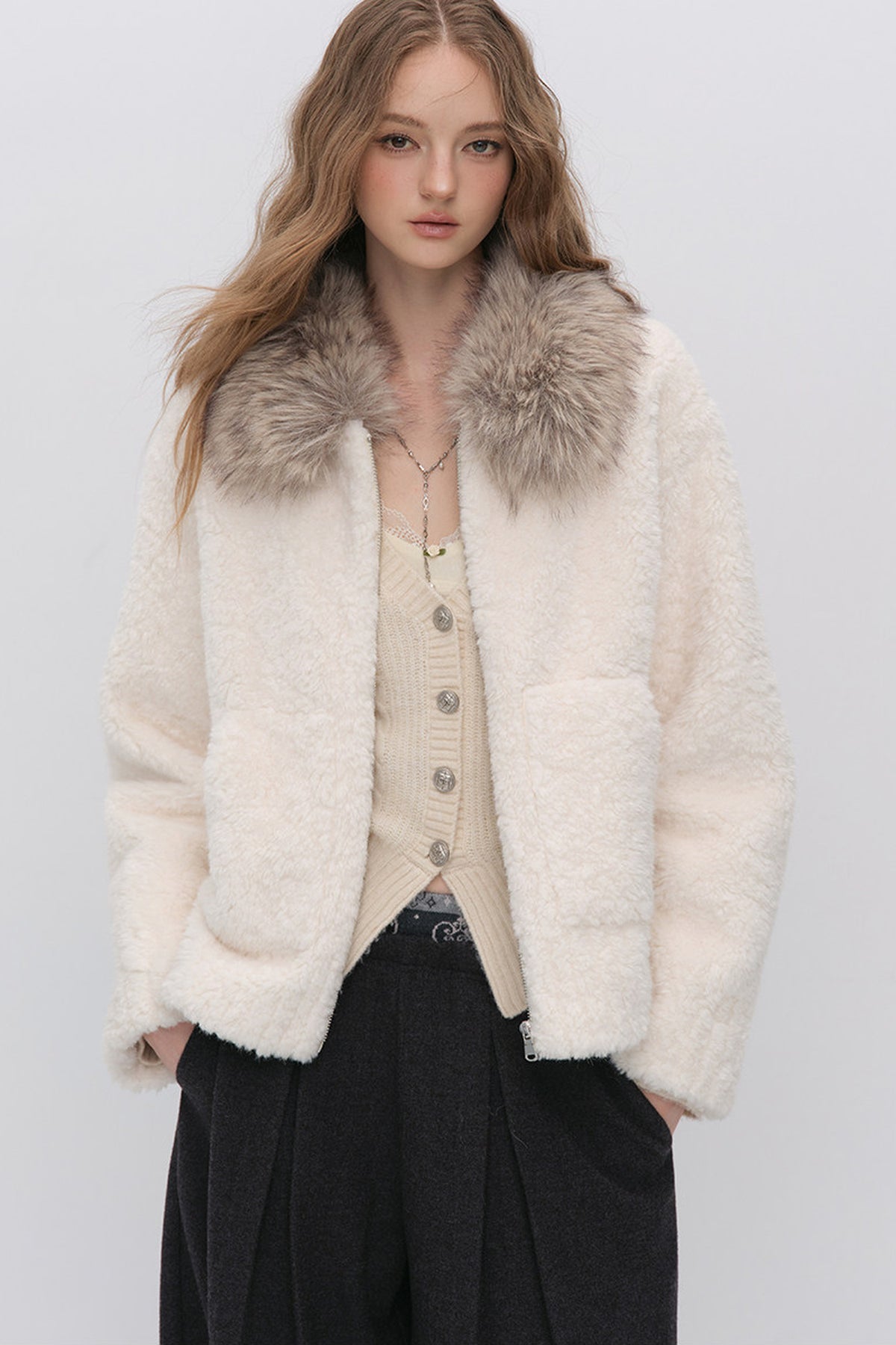 Micro-Loose Fur Collar Faux Fur Jacket