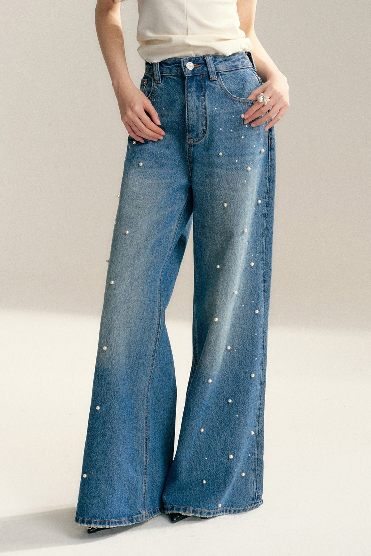 Pearl Rhinestone Wide Leg Jeans