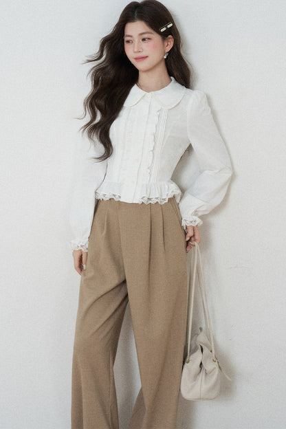 White Long-Sleeved Loose Pullover Doll Collar Shirt