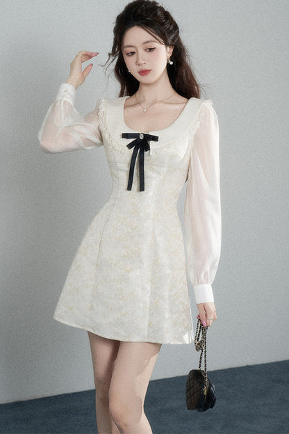 Waist-Cinching A-Line Jacquard Long-Sleeve Dress