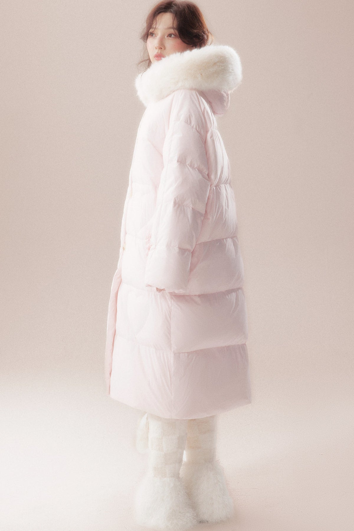 Long Heart Quilted Fur Collar Down Coat