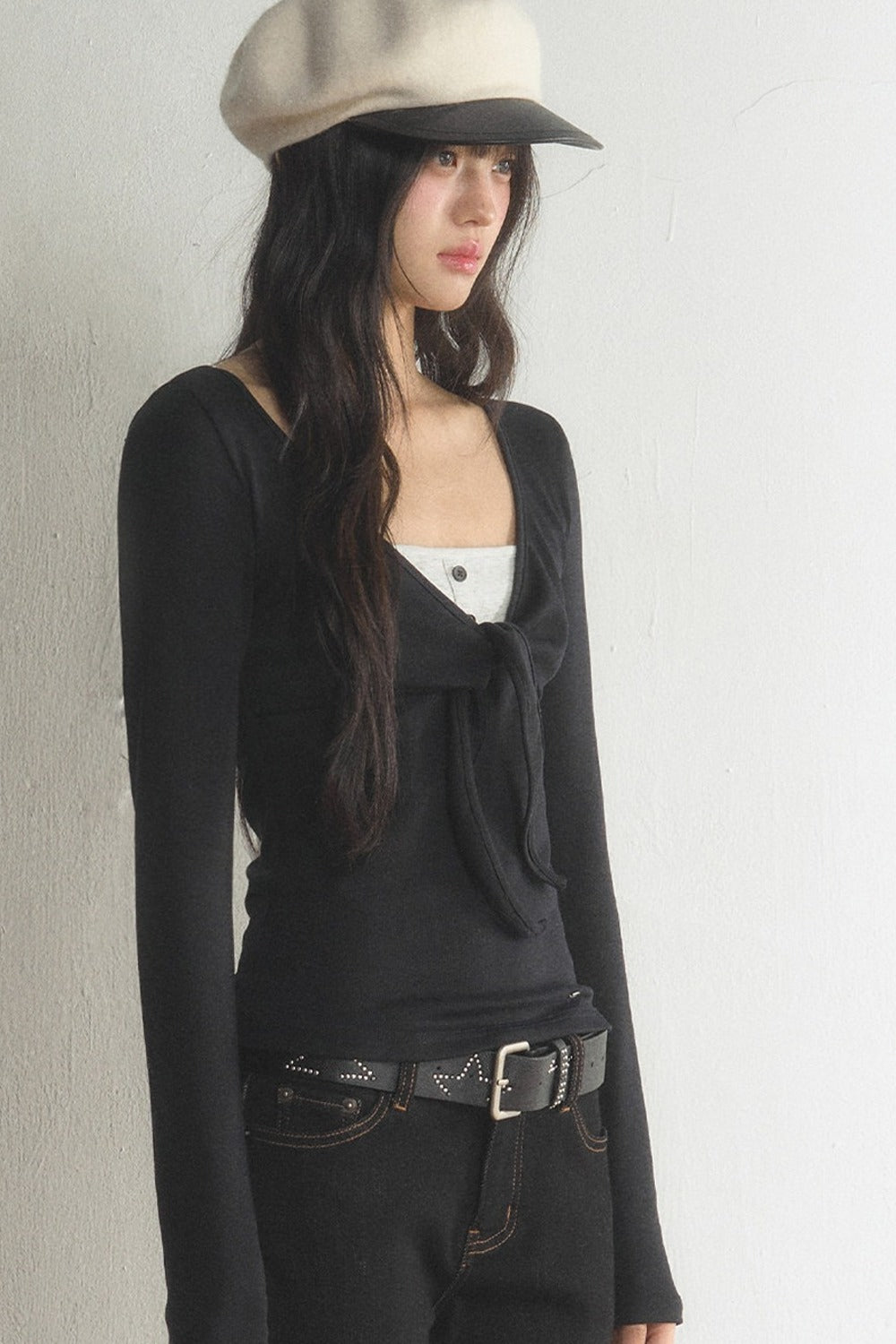 V-Neck Bow Contrast Long-Sleeve Top and Pants Set-Up