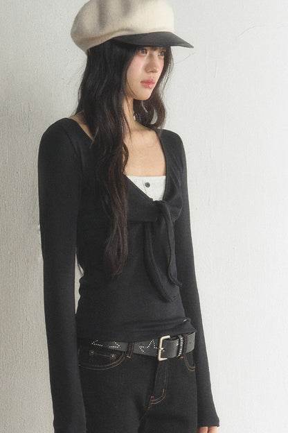 V-Neck Bow Contrast Long-Sleeve Top and Pants Set-Up