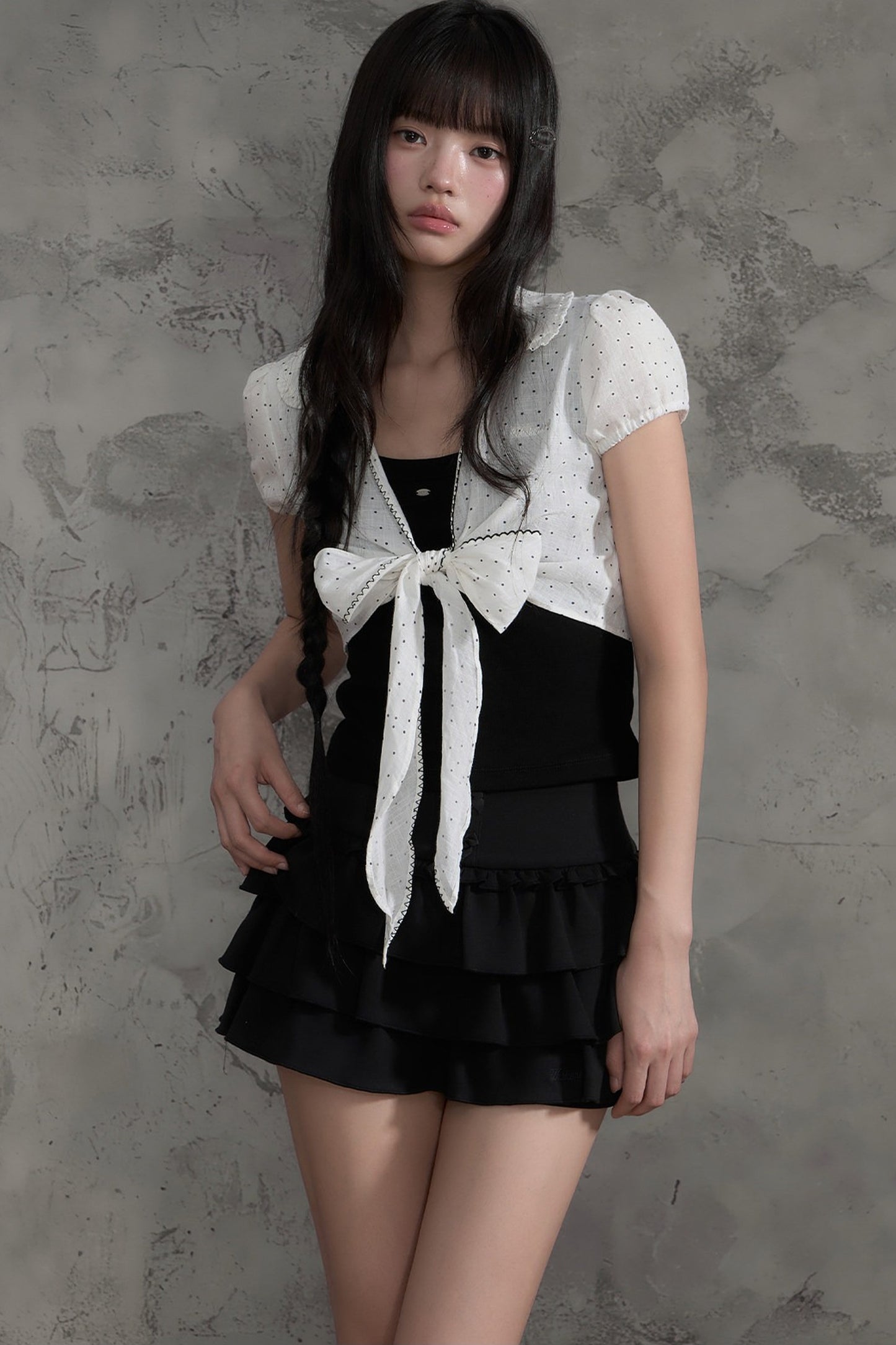 Polka Dot Bow Cardigan And Ruffle Skirt Set-Up