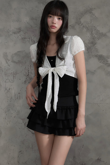 Polka Dot Bow Cardigan And Ruffle Skirt Set-Up