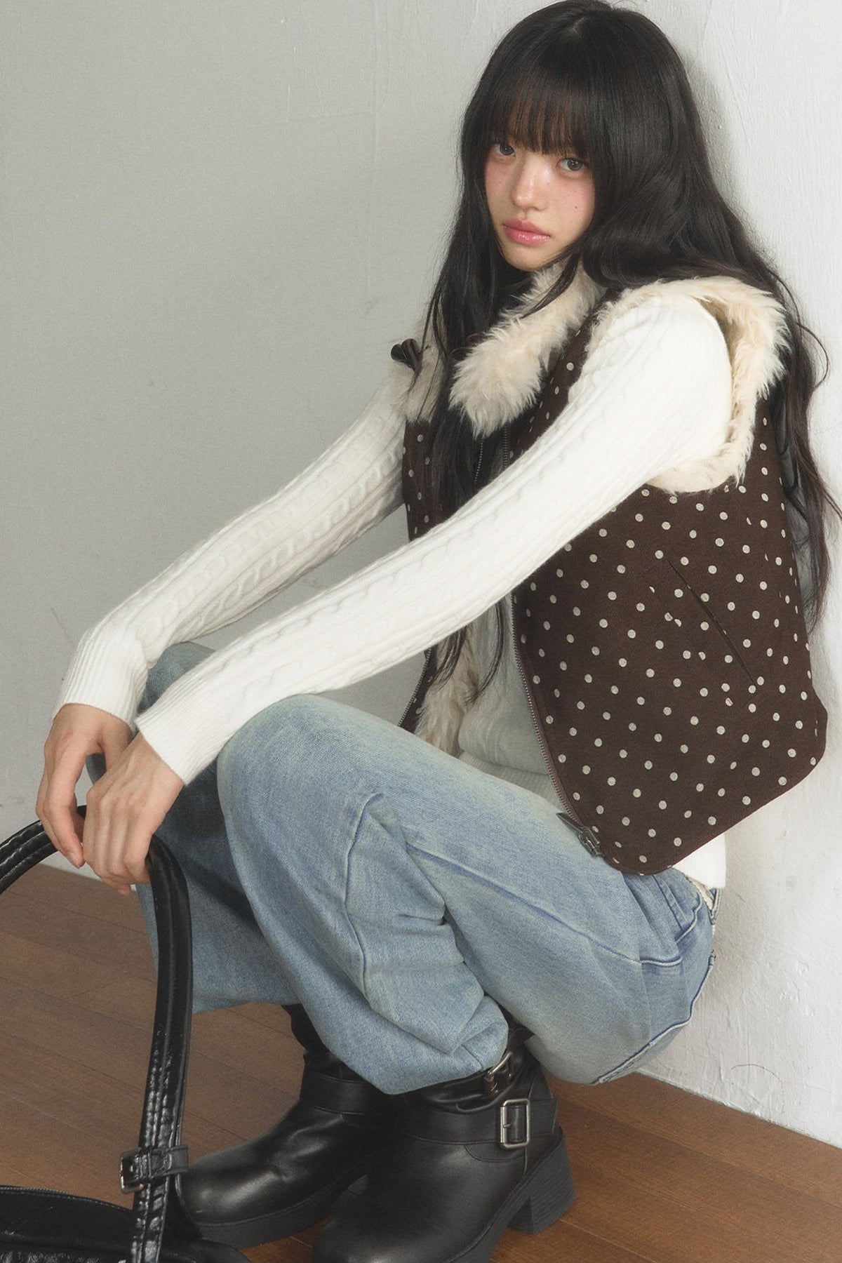 Retro Polka Dot Fur Collar Vest and Pants Set-Up