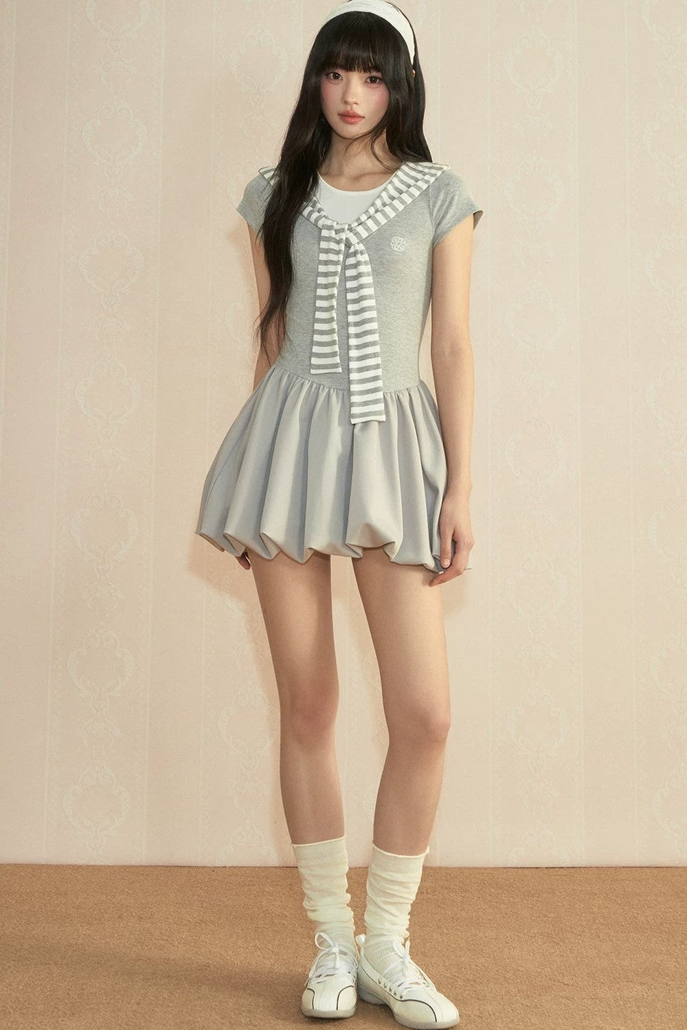 Gray Navy Collar Wrap Dress
