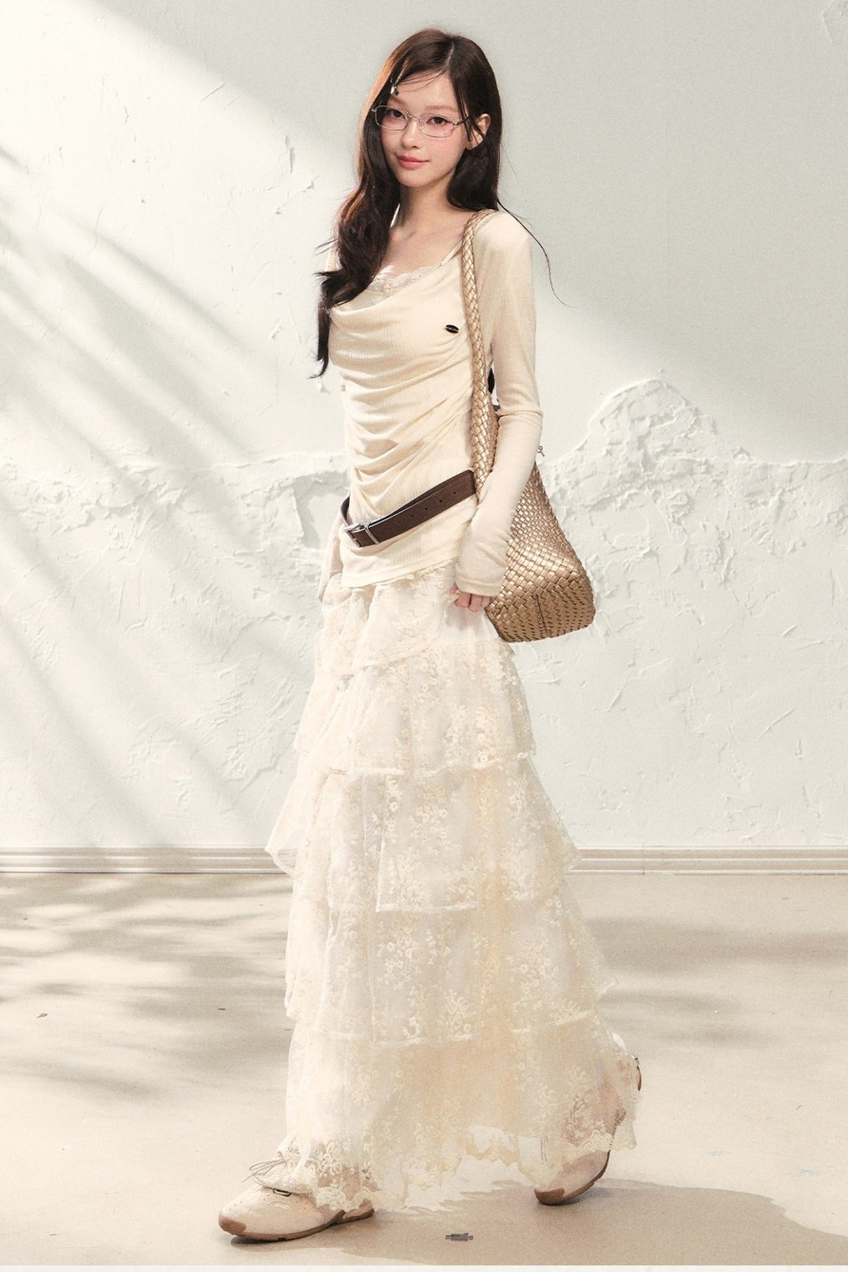 Swing Collar Long Sleeve Top and Skirt Set-Up