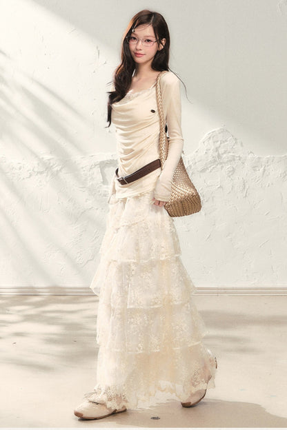 Swing Collar Long Sleeve Top and Skirt Set-Up