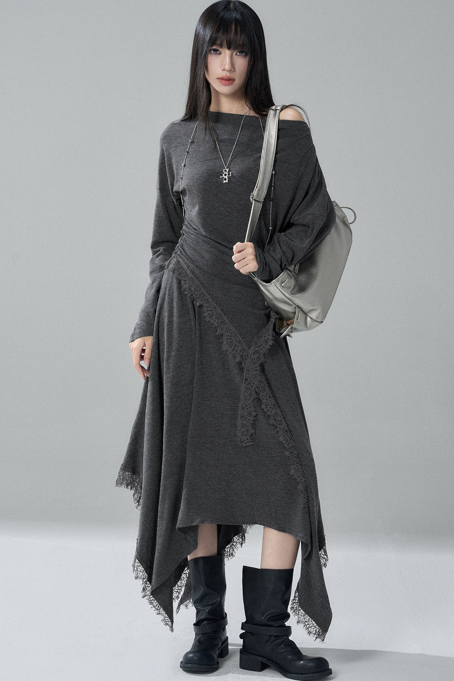 Gray Off-Shoulder Top and Irregular Hem Skirt Set-Up