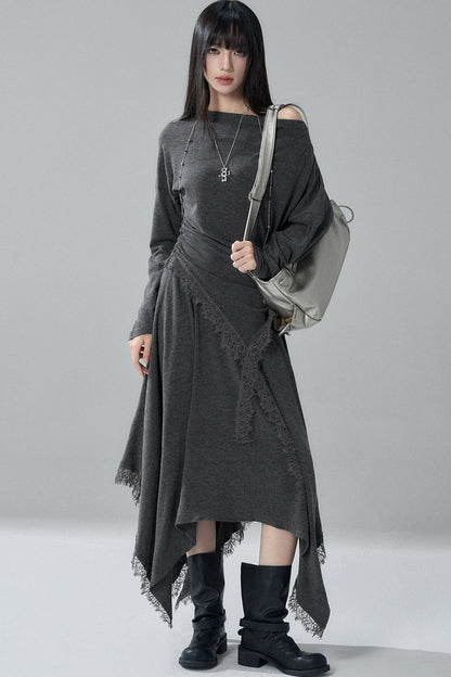 Gray Off-Shoulder Top and Irregular Hem Skirt Set-Up