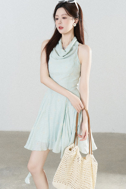 Halter Neck Sleeveless Irregular Hem Ruffle Dress