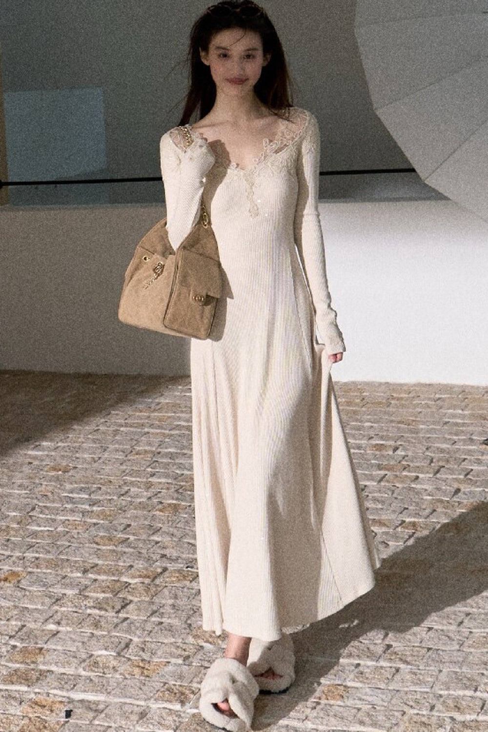 Spliced Lace Trim Long-Sleeve A-Line Dress